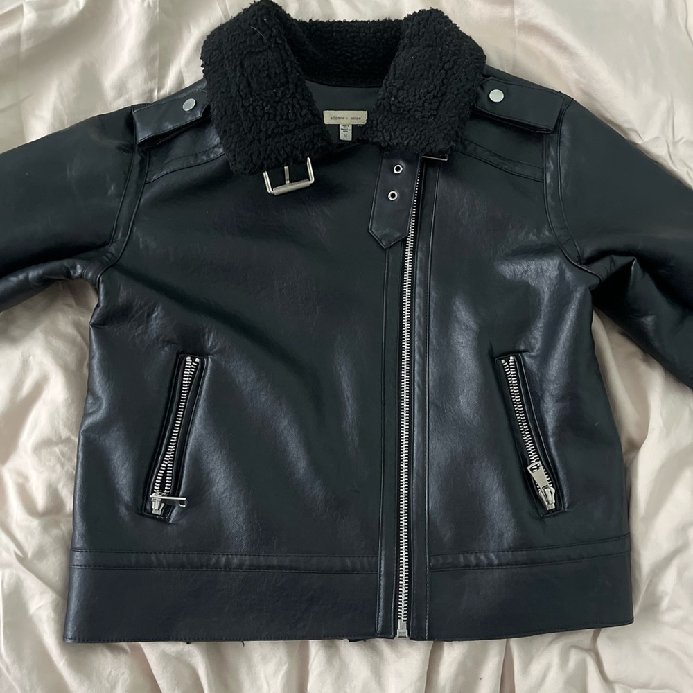 Silence + Noise Black Faux Leather Jacket with Shearling Collar